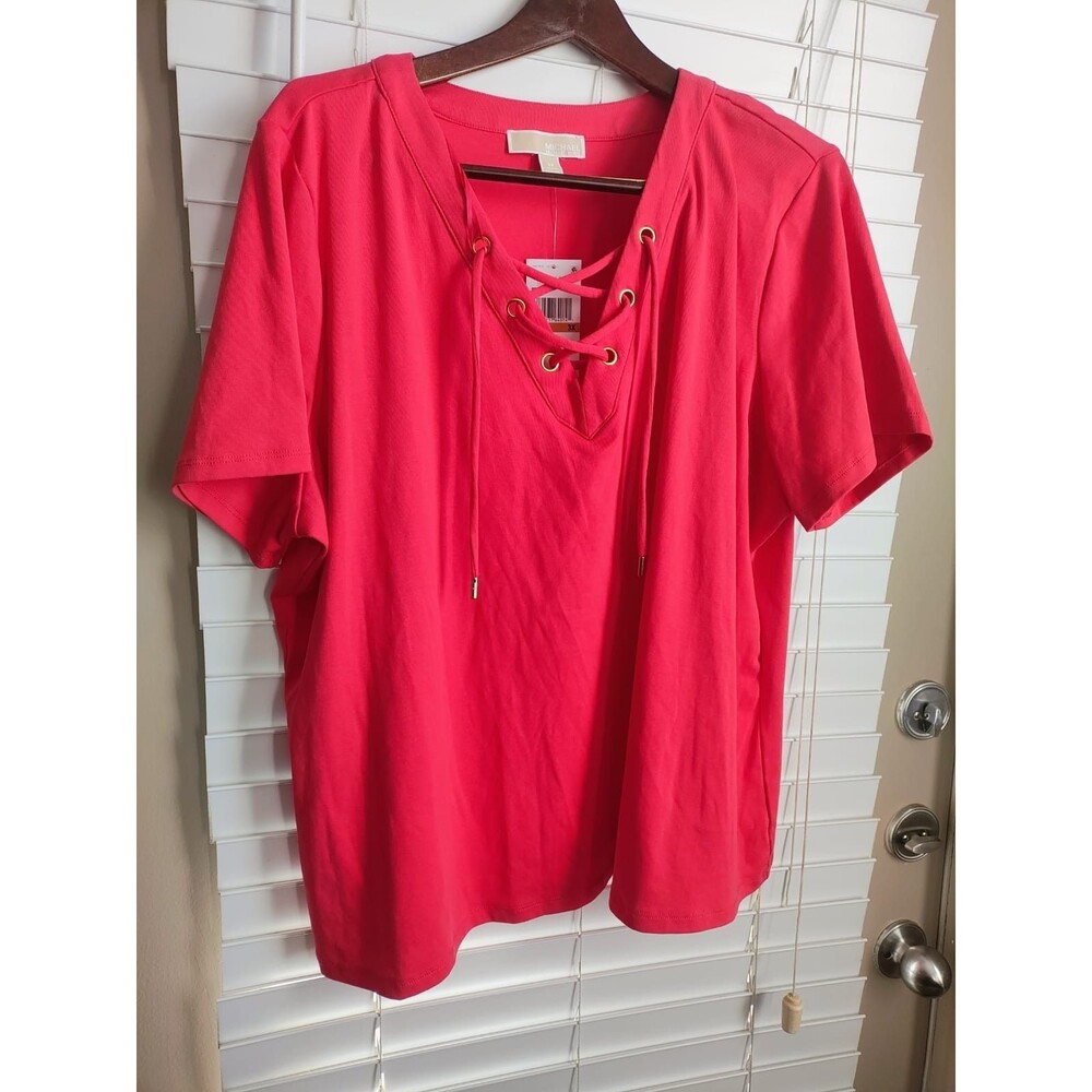 MICHAEL Michael Kors Plus Size Lace-Up Short-Sleeve T-Shirt 3XL Sea Coral Ribbed